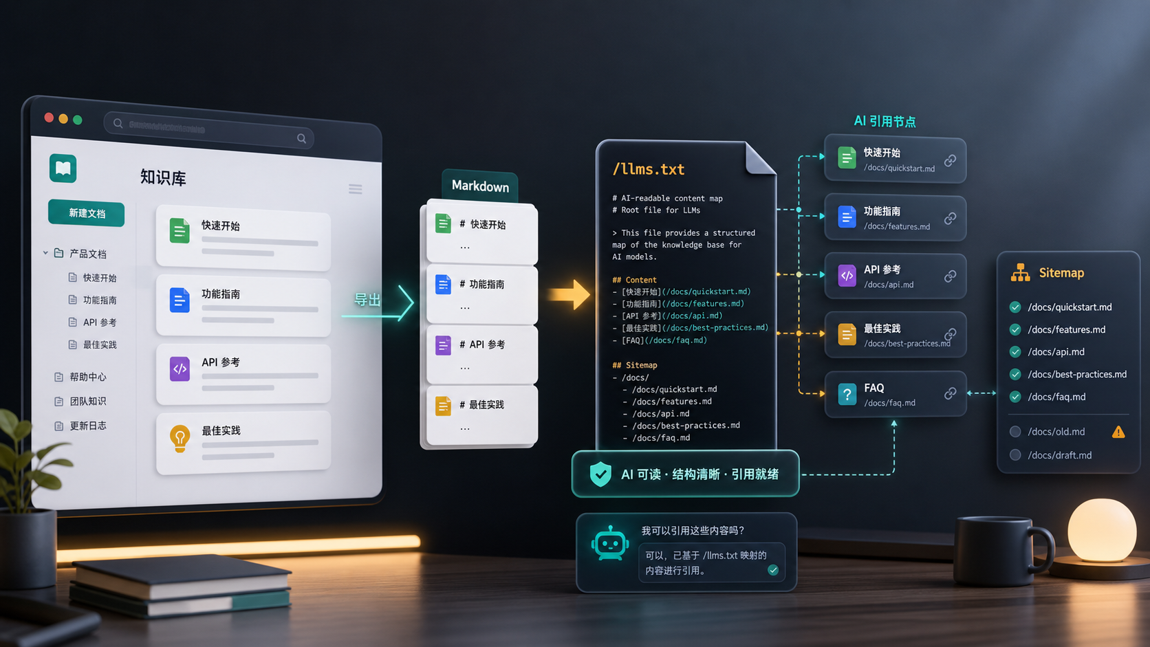 语雀知识库导出后编写 llms.txt、sitemap 和 AI 引用入口的工作流